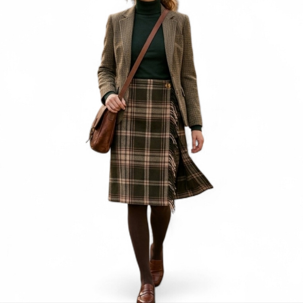 VTG BICE By Sag Harbor Wool Blend Plaid Wrap Skirt Fringe Trim Academia Size 12